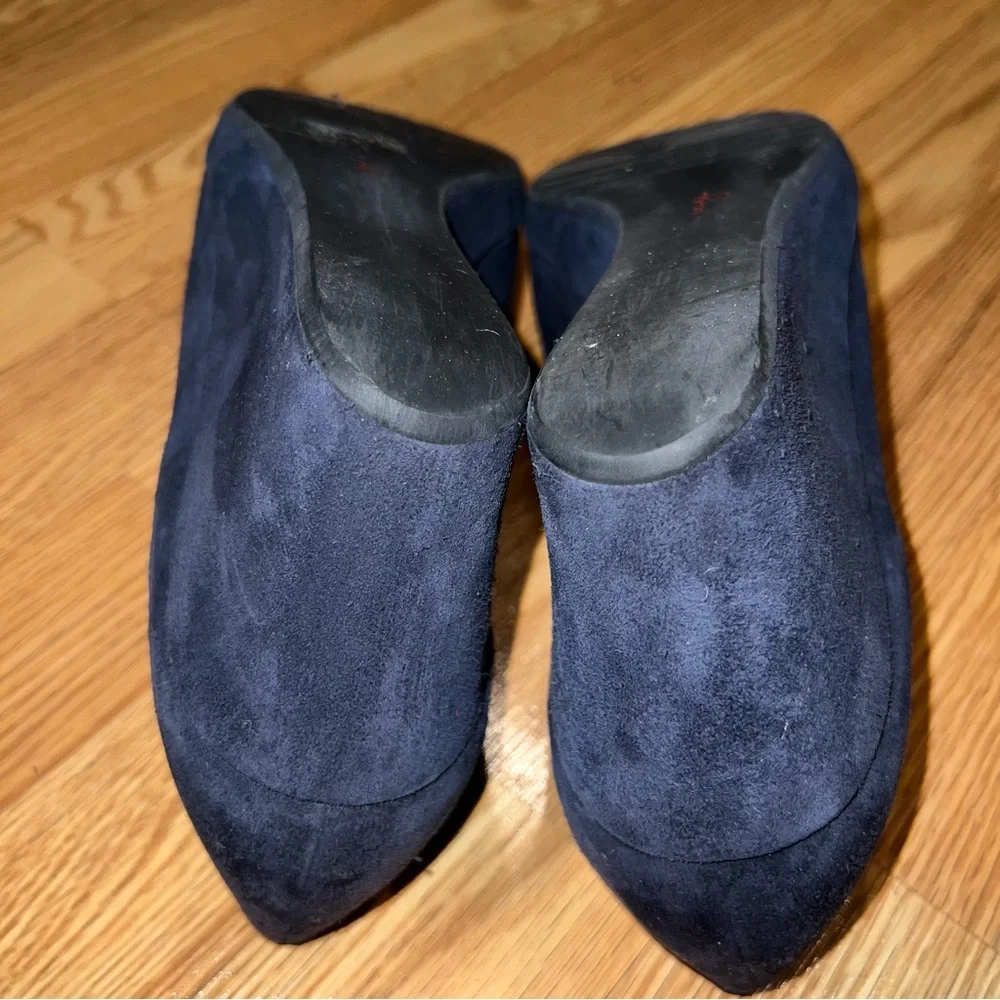 Pas‎ de Rouge Blue Suede 2.5” wedge Heels with rosette bows